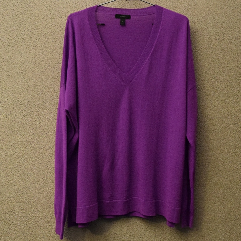 JCrew Purple Boyfriend Fit V Neck Wool Sweater